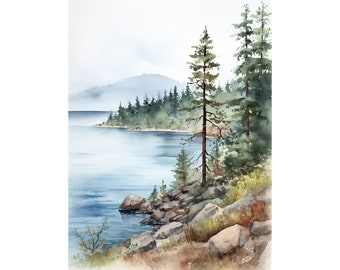 Tahoe Art Print Lake Landscape Wall Art California Watercolor Pine Forest Painting Neutral Outdoor Art Lake House Decor
