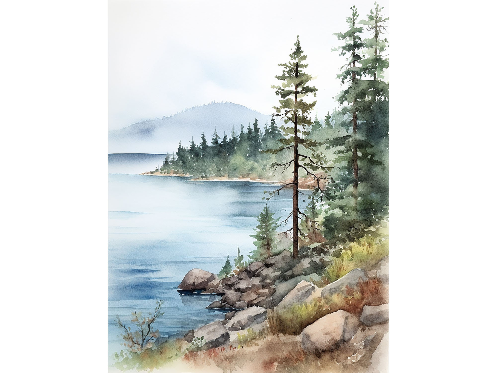 Tahoe Art Print Lake Landscape Wall Art California Watercolor Pine ...