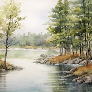 Deschutes River Painting Oregon Landscape Watercolor Pine Trees Wall Art River Shore Art Print Evergreen Forest Artwork Nature Art