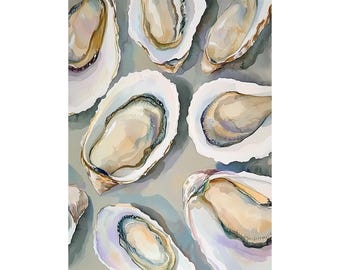 絵画　「津軽の牡蠣小屋」　水彩画 牡蠣の絵 2つの牡蠣の殻 水彩画 アートプリント 沿岸装飾 アースカラー