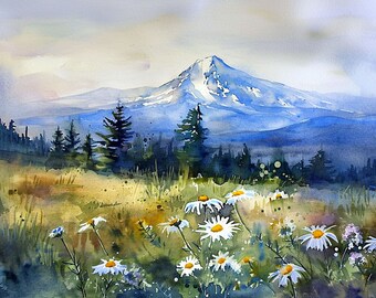 Mount Hood Painting Daisy Watercolor Art Print Pine Forest Wall Art Mountain Landscape Art Oregon Nature Print