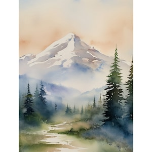 Mount Shasta Painting California Landscape Art Print Neutral Mountain Forest Art Pine Watercolor Wall Art