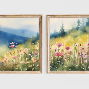 Large Floral Wall Art Set Of 2 Pink Idaho Wildflowers Landscape Watercolor Mountain Forest Art Meadow Flowers Field Prints Set image 6