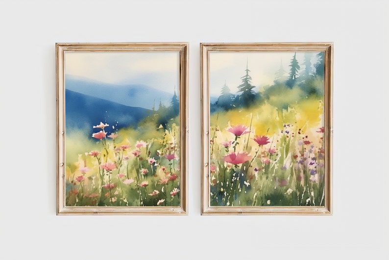 Large Floral Wall Art Set Of 2 Pink Idaho Wildflowers Landscape Watercolor Mountain Forest Art Meadow Flowers Field Prints Set image 6