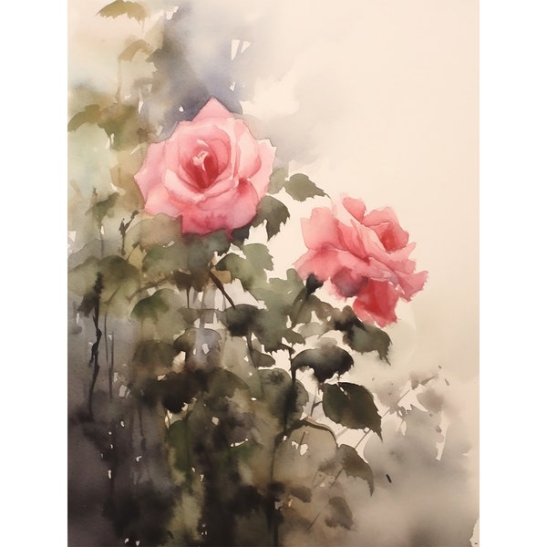 Rose Painting Rosebush Watercolor Floral Art Print Pink Roses Wall Art Neutral Wall Art Rustic Wall Decor Loose Watercolor