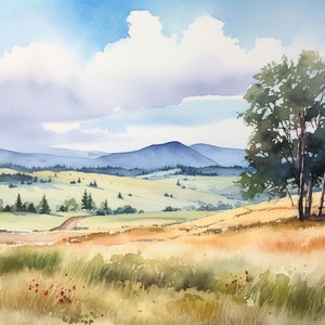 Cades Cove Art Print Great Smoky Mountains Landscape Oak Tree Watercolor Painting Mountain Field Wall Art Nature Poster