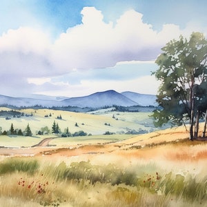 Cades Cove Kunstdruck Great Smoky Mountains Landschaft Eiche Baum Aquarell Malerei Berg Feld Wand Kunst Natur Poster