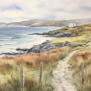 Wild Atlantic Way Art Print Ireland Seashore Painting Ireland Coastal House Wall Art Ocean Landscape Watercolor Coastline Artwork