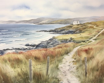Wild Atlantic Way Art Print Ireland Seashore Painting Ireland Coastal House Wall Art Ocean Landscape Watercolor Coastline Artwork
