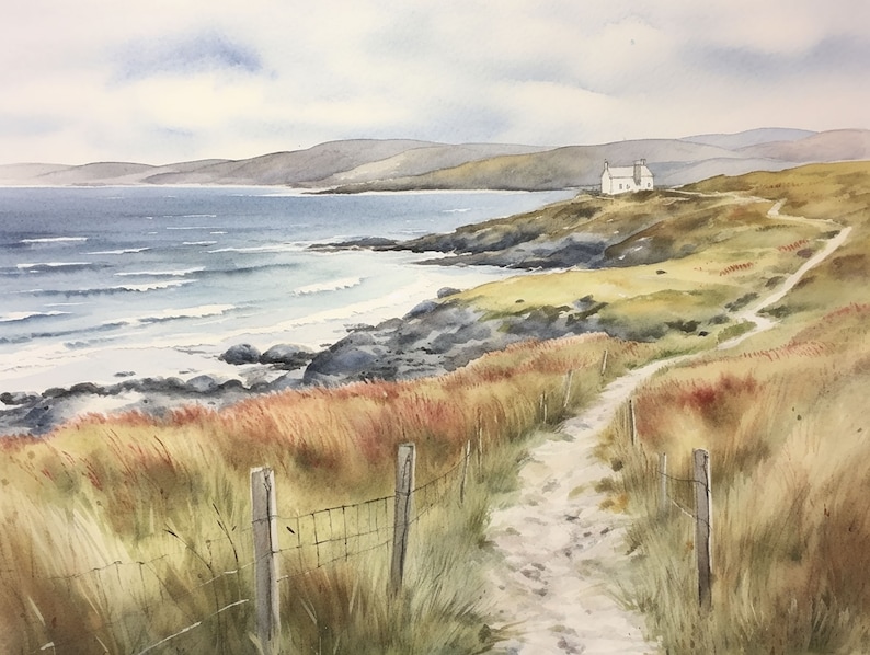 Wild Atlantic Way Art Print Ireland Seashore Painting Ireland Coastal House Wall Art Ocean Landscape Watercolor Coastline Artwork