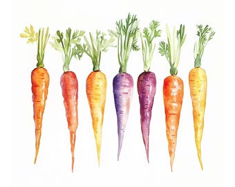 Pintura de zanahoria, impresión de acuarela vegetal, arte de pared de zanahorias, decoración de pared de cocina, impresiones de jardín