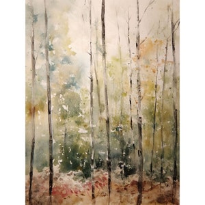 May include: Watercolor painting of a forest scene with tall, thin trees in shades of green, brown, and white. The trees are painted in a loose, impressionistic style, with the brushstrokes visible. The background is a soft, hazy blue.
