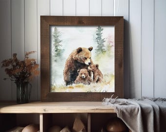 ヒグマの絵画 ママと赤ちゃん 水彩画 アートプリント 動物の壁アート