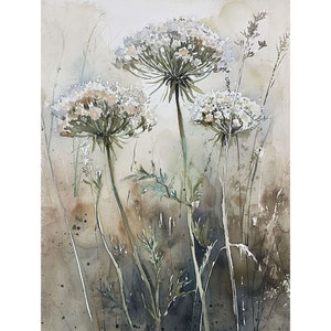 Queen Anne&#39;s Lace Painting Wildflowers Watercolor Art Print Meadow Wall Art Flower Field Landscape Print Loose Watercolor Artwork