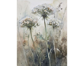 Queen Anne's Lace Painting Wildflowers Watercolor Art Print Meadow Wall Art Flower Field Landscape Print Loose Watercolor Artwork