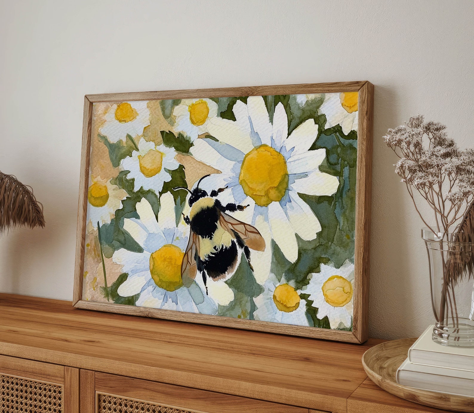 Bumble Bee Painting Daisy Watercolor Art Print Flower Meadow Wall Art ...