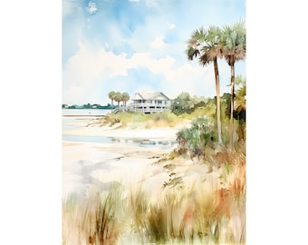 Isle of Palms Watercolor Art Print Charleston Painting Beach House Wall Art South Carolina Coastal Landscape Artwork
