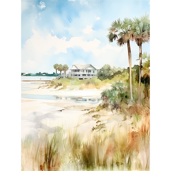 Isle of Palms Watercolor Art Print Charleston Painting Beach House Wall Art South Carolina Coastal Landscape Artwork