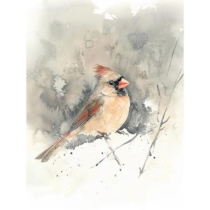 Weiblicher Kardinal Malerei Gartenvögel Aquarell Kunstdruck Vogel im Schnee Wandkunst Vogel auf Ast Kunst Weihnachten Wanddekor
