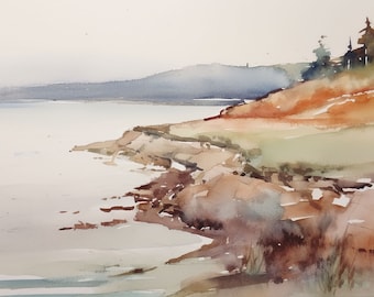 Lake Superior Art Print Rock Shoreline Watercolor Painting Michigan Landscape Great Lakes Minimalist Wall Art