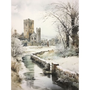 Scottish Castle In Winter Watercolor Art Print Scotland Landscape Painting Snowy Field And Trees Wall Art Christmas Wall Decor