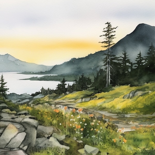 Banff, Canada, impression d'art aquarelle, paysage de lac de montagne, art mural de forêt de sarcelles, oeuvre d'art du parc national