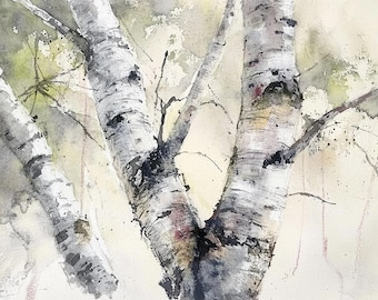古い白樺の絵画、白樺の水彩画アートプリント、アスペンの森の壁アート