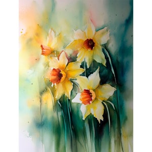 Daffodil Painting Floral Watercolor Art Print Farmhouse Wall Art Spring Flowers Poster Landscape Print