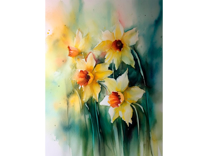Daffodil Painting Floral Watercolor Art Print Farmhouse Wall Art Spring Flowers Poster Landscape Print