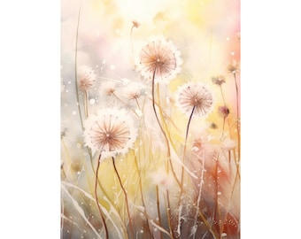Dandelions Watercolor Neutral Floral Wall Art Dandelion Meadow Art Print Sunrise Field Landscape Artwork