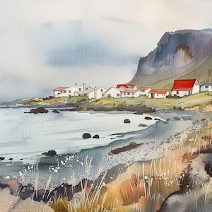 Islândia cottage impressão cidade de vik pintura em aquarela islândia costa arte da parede penhasco impressão nórdico verão paisagem arte viagem cartaz