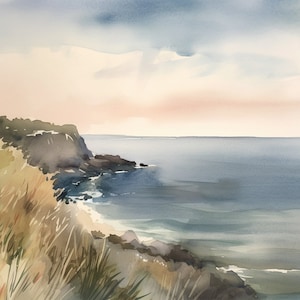 Cornwall schilderij kust aquarel schilderij zeegezicht kunst print strand scène kunst neutraal kustlijn kunstwerk kust muur kunst