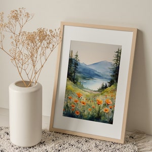 Columbia Gorge Watercolor Painting Mountain River Art Print Wildflowers Landscape Print Foggy Pine Forest Fine Art Print image 7