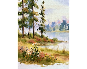 May include: Watercolor painting of a serene landscape featuring a lake and trees. Tall, slender trees line the shore, with a backdrop of distant mountains. Colorful wildflowers bloom in the foreground, adding vibrant hues to the scene.