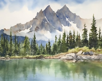 Sawtooth Range Peinture Idaho Aquarelle Art Print Alice Lake Paysage Wall Art Mountain Wall Art Pine Forest Print