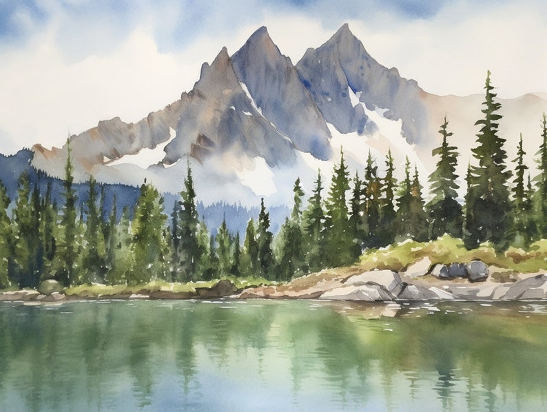 Sawtooth Range Painting Idaho Watercolor Art Print Alice Lake Landscape Wall Art Mountain Wall Art Pine Forest Print image 1