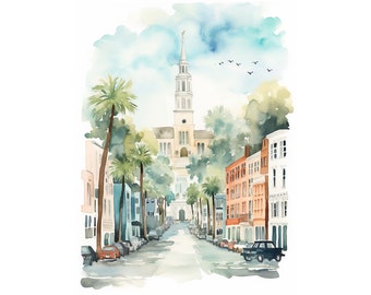 Impression Charleston, paysage urbain, aquarelle, art mural de Caroline du Sud, décoration murale maison de plage