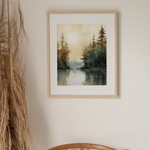 Sunrise Forest Lake Painting Neutral Brown Landscape Michigan Art Print ...