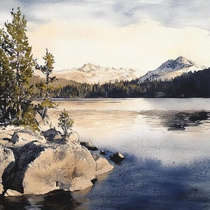 May include: Watercolor painting of a serene lake scene. The foreground features large, textured rocks and evergreen trees. The lake reflects the sky and distant mountains, creating a tranquil landscape with soft colors.