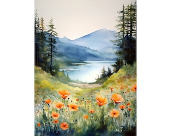 Columbia Gorge Watercolor Painting Mountain River Art Print Wildflowers Landscape Print Foggy Pine Forest Fine Art Print