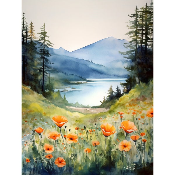 Columbia Gorge Watercolor Painting Mountain River Art Print Wildflowers Landscape Print Foggy Pine Forest Fine Art Print
