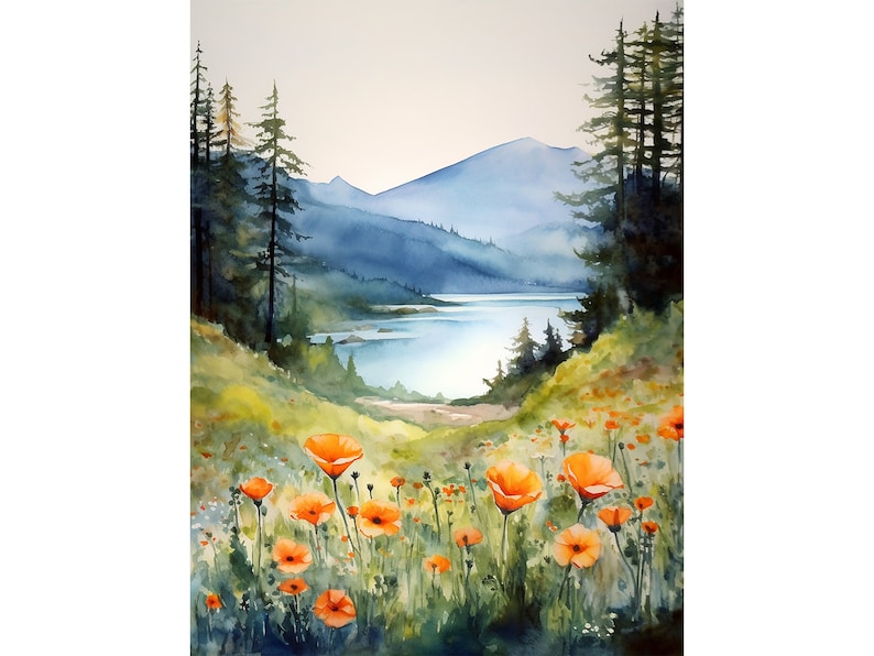 Columbia Gorge pittura ad acquerello montagna fiume stampa artistica fiori di campo stampa paesaggio foresta di pini nebbiosi stampa d'arte immagine 1
