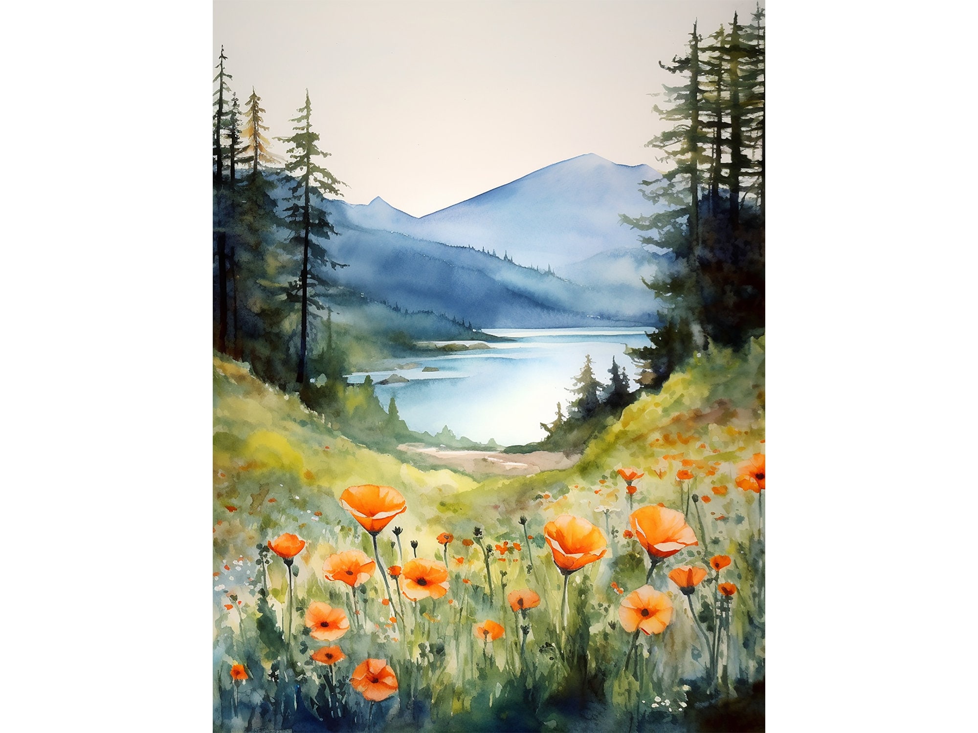 Columbia Gorge Watercolor Painting Mountain River Art Print Wildflowers Landscape Print Foggy Pine Forest Fine Art Print