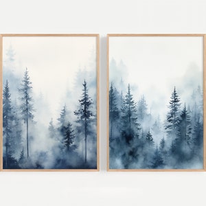 Blue Forest Prints 2er Set Shoshone Landschaft Aquarell Indigo Wand Kunst Pines Malerei Nebliger Wald Poster