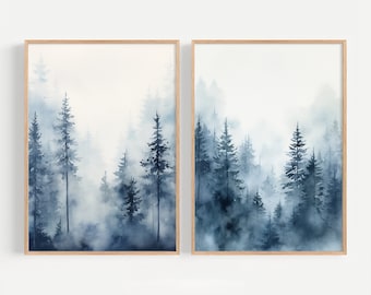 Blue Forest Prints Set Of 2 Shoshone Landscape Watercolor Indigo Wall Art Pines Painting Misty Forest Poster