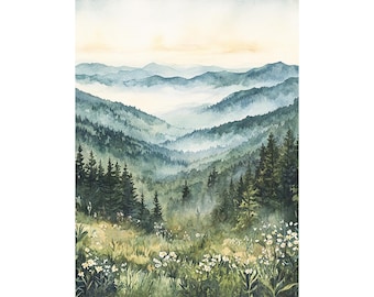 Pode incluir: Uma pintura em aquarela de uma paisagem montanhosa nebulosa. A pintura apresenta um vale com árvores verdes exuberantes e uma cordilheira distante. O céu é de um azul suave com toques de rosa e laranja.