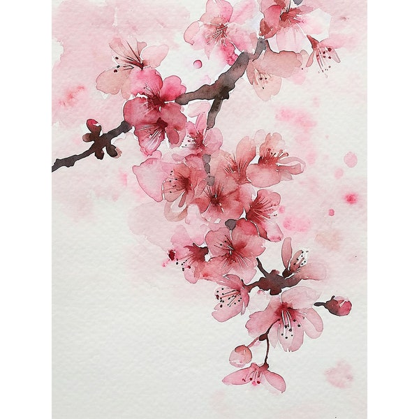 Peinture fleurs de cerisier, impression d'art aquarelle Sakura, arbre en fleurs, impression d'art mural, oeuvre d'art florale, décoration murale printanière