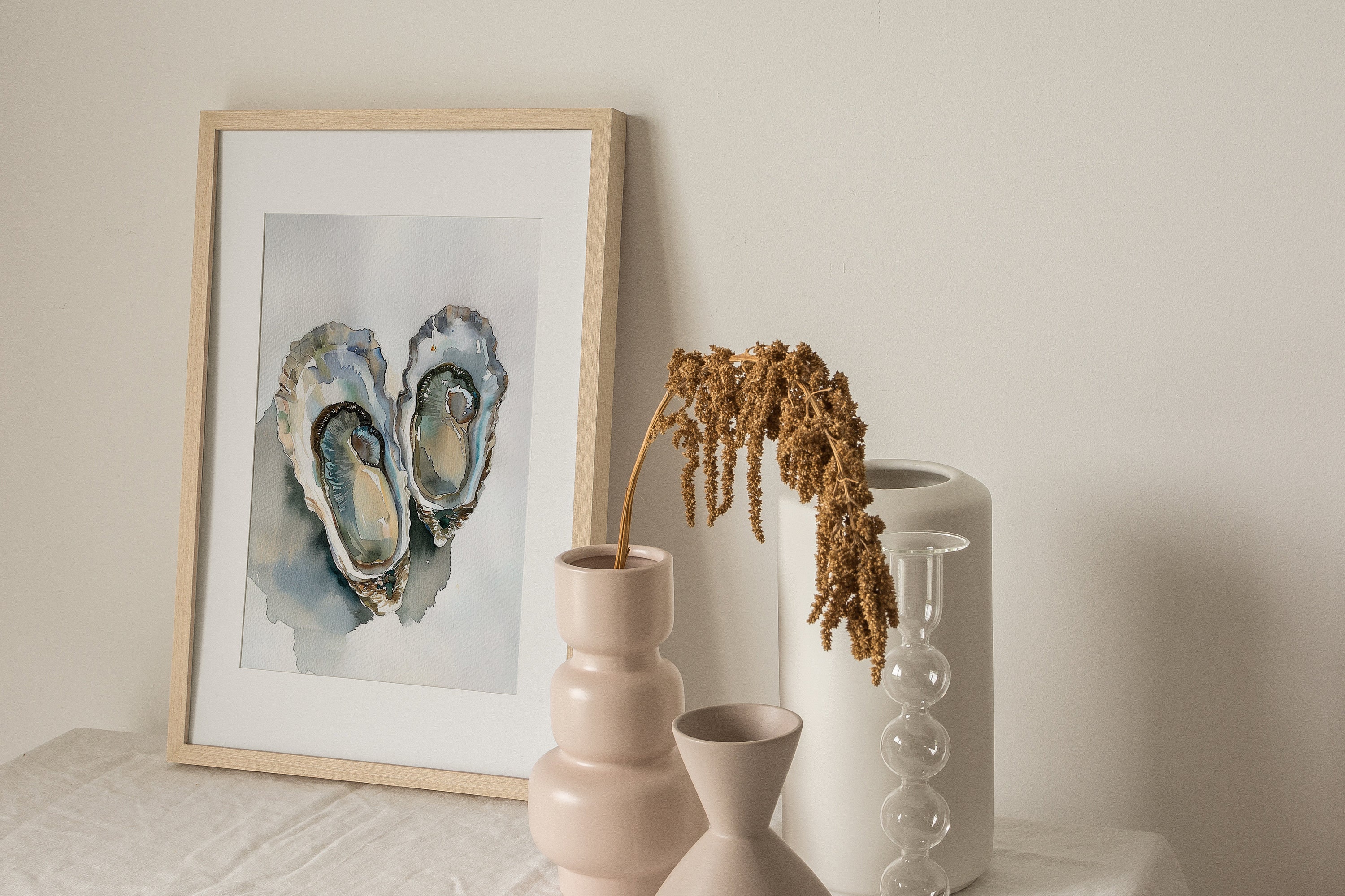 牡蠣の絵 2つの牡蠣の殻 水彩画 アートプリント 沿岸装飾 アースカラー