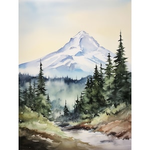 Mount Bachelor Painting Oregon Wall Art Mountain Valley Art Print Evergreen Forest Art Mountain River Landscape Watercolor Print
