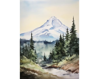 Peinture Mount Bachelor, art mural de l'Oregon, impression d'art vallée de la montagne, art de la forêt à feuilles persistantes, paysage de rivière de montagne, impression aquarelle